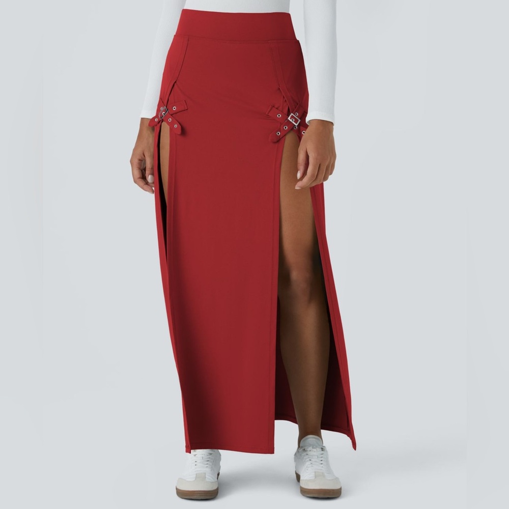 HALARA High Waisted Decorative Buckle Split 2-in-1 Maxi Skirt Large Rust